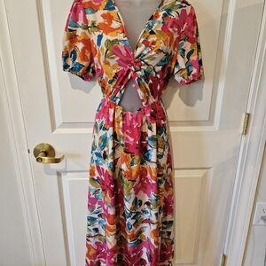Pink Multi Floral Maxi Dress with Twist Cutout